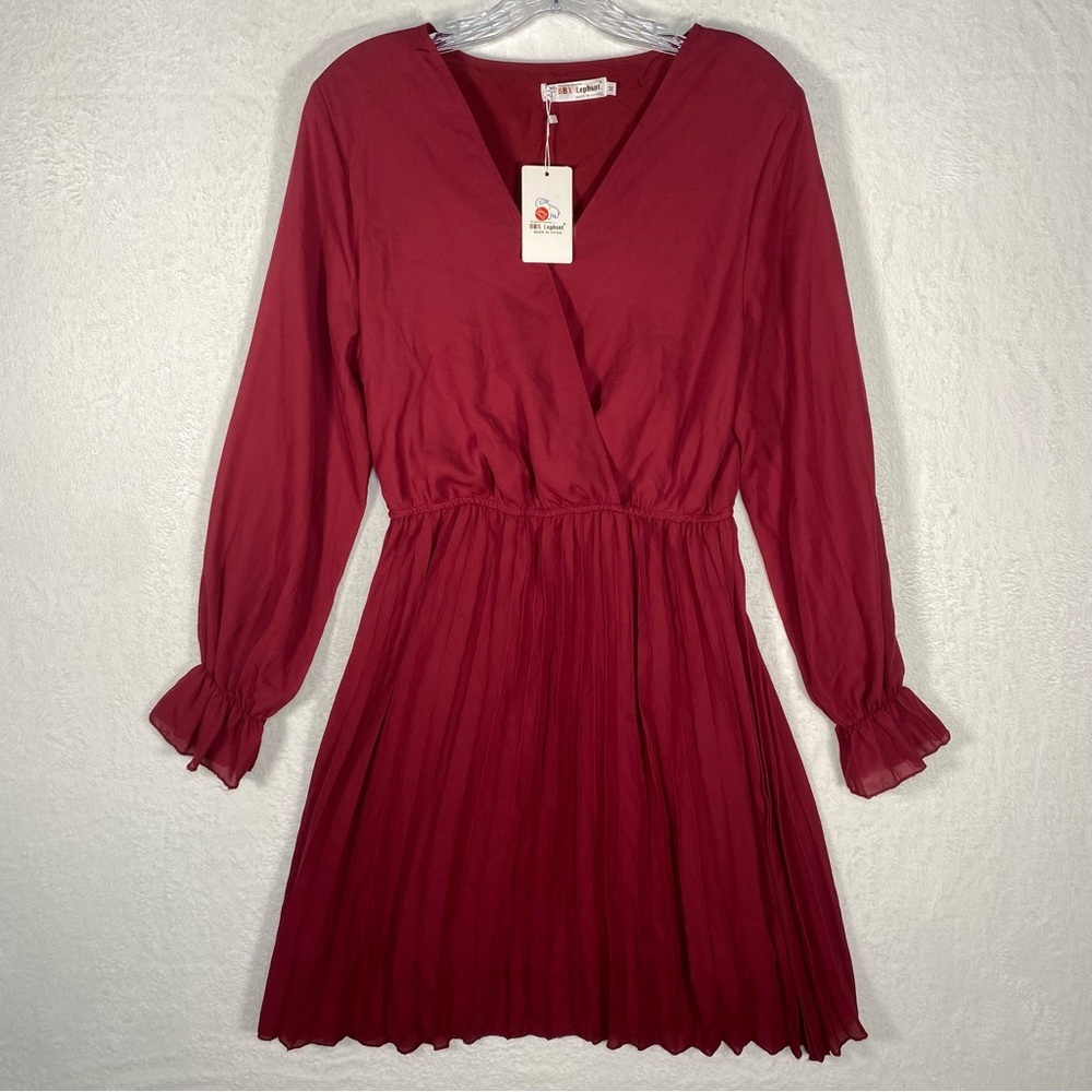 NWT BBX Lephsnt Wrap Pleated Long Sleeve Dress Size Medium‎ Burgundy Wine